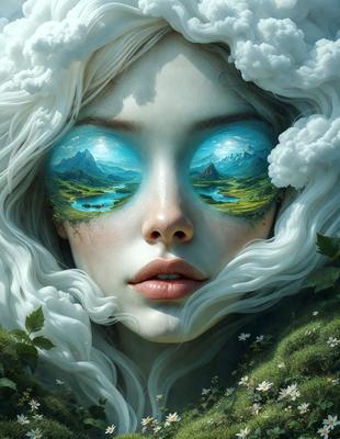 The primary subject of the image is a woman with white hair, who is wearing a white dress and has a green background. She is looking at the camera with a green and blue sky in the background. The visual style of the image is digital art, and the colors and mood are serene and peaceful.